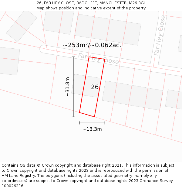 26, FAR HEY CLOSE, RADCLIFFE, MANCHESTER, M26 3GL: Plot and title map