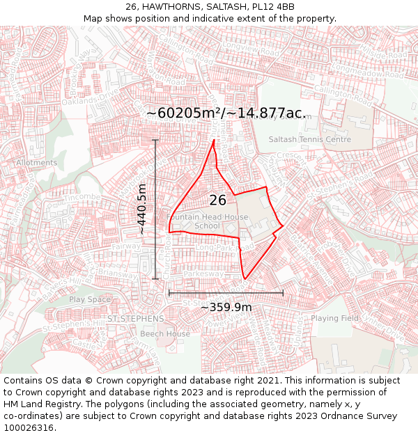 26, HAWTHORNS, SALTASH, PL12 4BB: Plot and title map