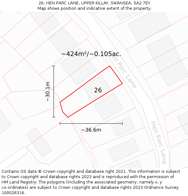 26, HEN PARC LANE, UPPER KILLAY, SWANSEA, SA2 7EY: Plot and title map