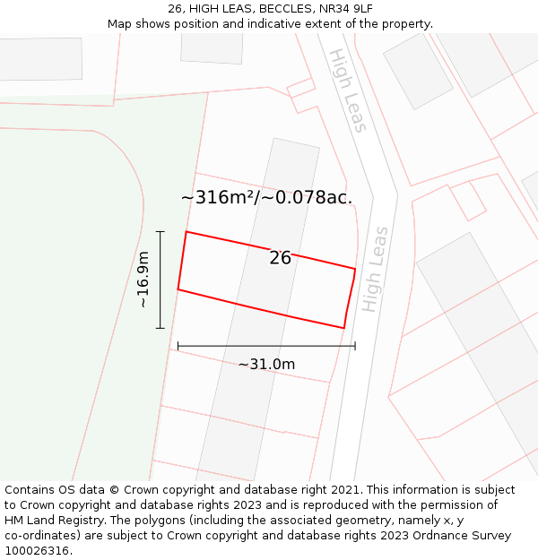26, HIGH LEAS, BECCLES, NR34 9LF: Plot and title map