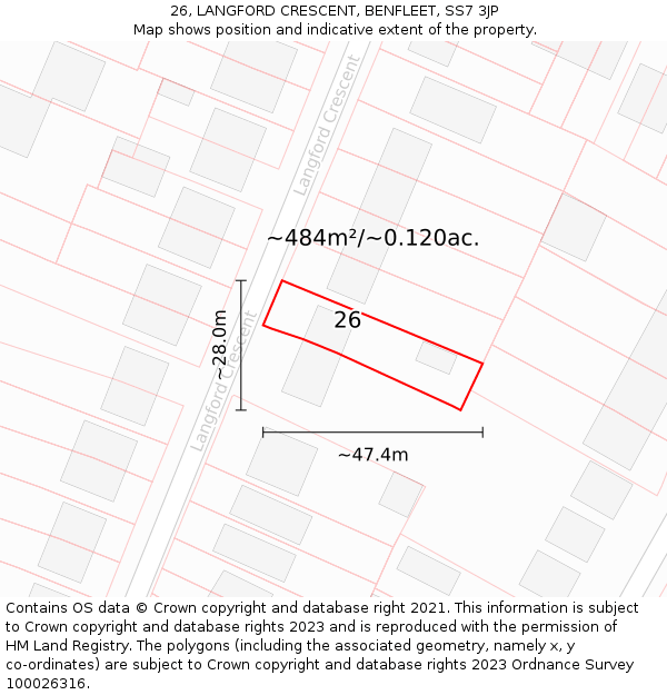 26, LANGFORD CRESCENT, BENFLEET, SS7 3JP: Plot and title map