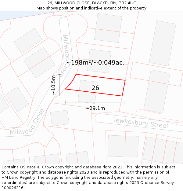 26, MILLWOOD CLOSE, BLACKBURN, BB2 4UG: Plot and title map