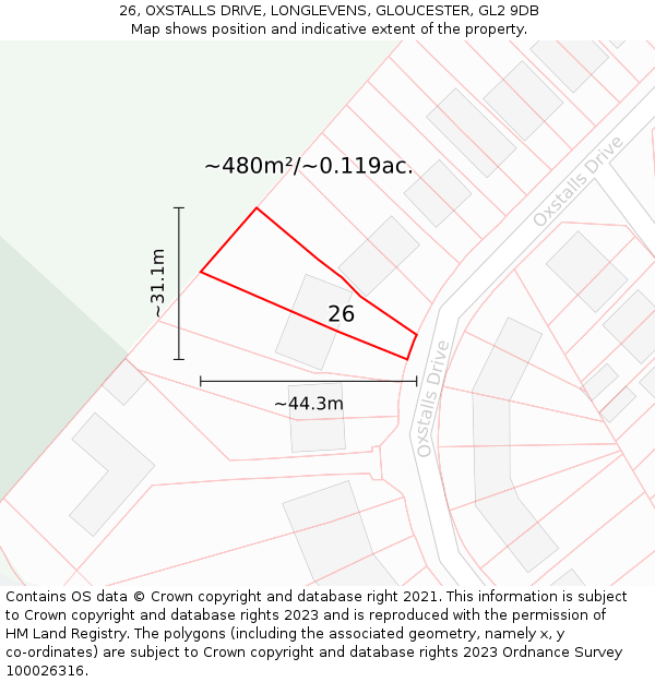 26, OXSTALLS DRIVE, LONGLEVENS, GLOUCESTER, GL2 9DB: Plot and title map