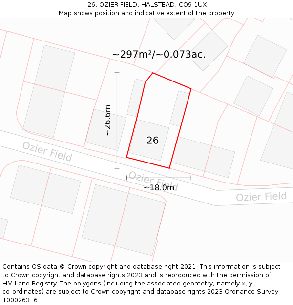 26, OZIER FIELD, HALSTEAD, CO9 1UX: Plot and title map