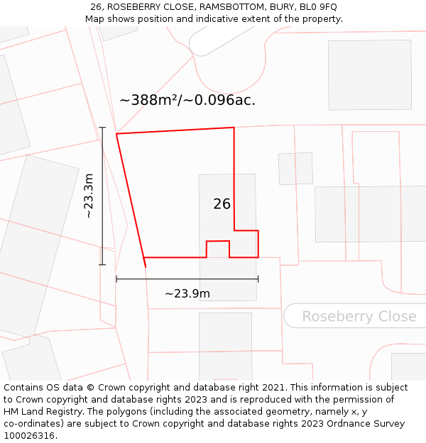 26, ROSEBERRY CLOSE, RAMSBOTTOM, BURY, BL0 9FQ: Plot and title map