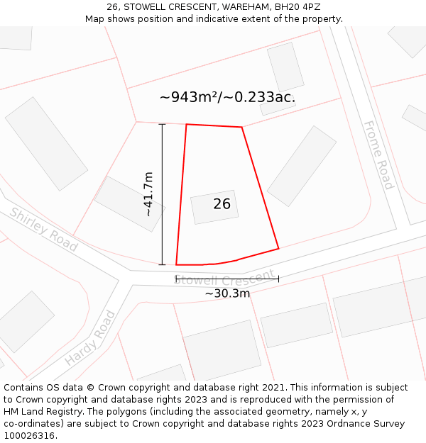 26, STOWELL CRESCENT, WAREHAM, BH20 4PZ: Plot and title map