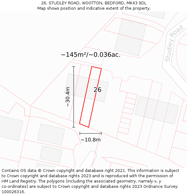 26, STUDLEY ROAD, WOOTTON, BEDFORD, MK43 9DL: Plot and title map