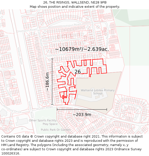 26, THE RISINGS, WALLSEND, NE28 9PB: Plot and title map