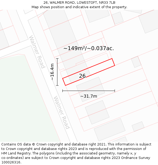 26, WALMER ROAD, LOWESTOFT, NR33 7LB: Plot and title map
