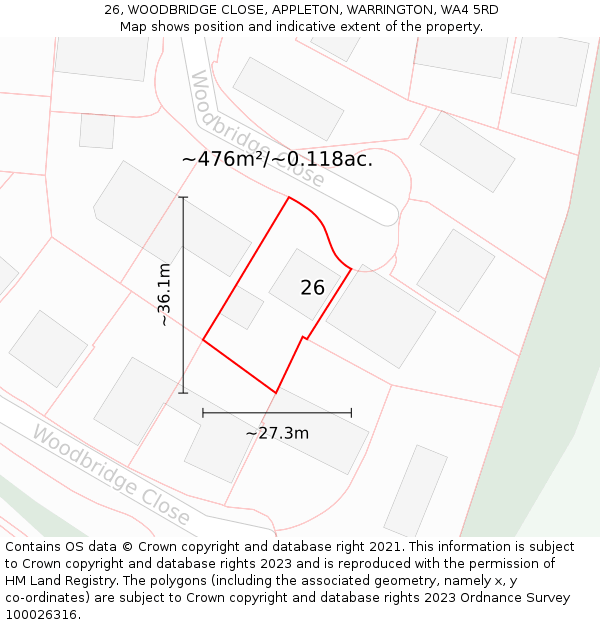 26, WOODBRIDGE CLOSE, APPLETON, WARRINGTON, WA4 5RD: Plot and title map