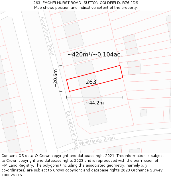 263, EACHELHURST ROAD, SUTTON COLDFIELD, B76 1DS: Plot and title map