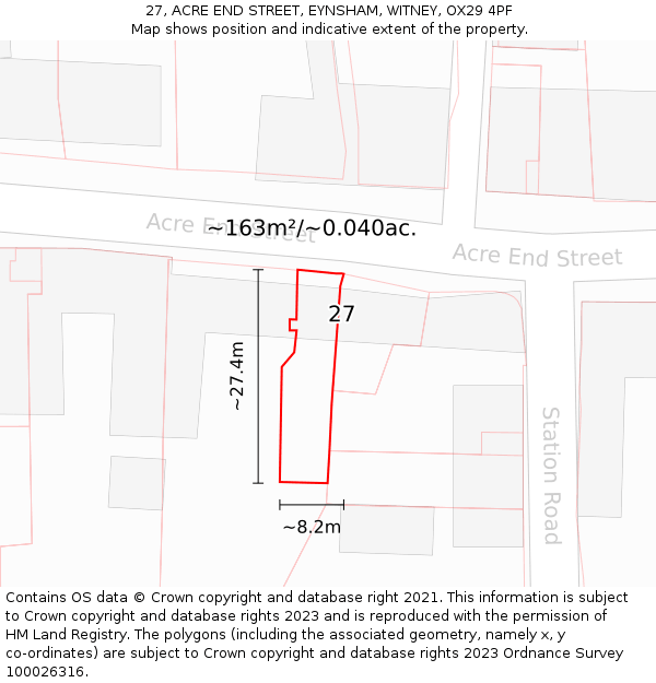 27, ACRE END STREET, EYNSHAM, WITNEY, OX29 4PF: Plot and title map