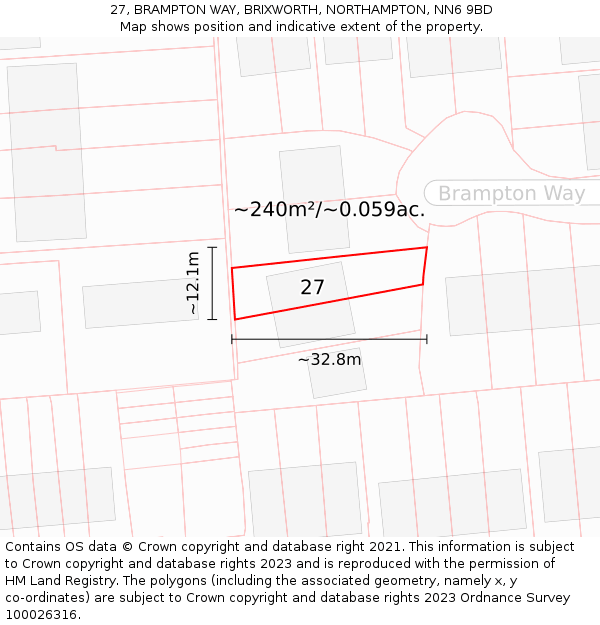 27, BRAMPTON WAY, BRIXWORTH, NORTHAMPTON, NN6 9BD: Plot and title map