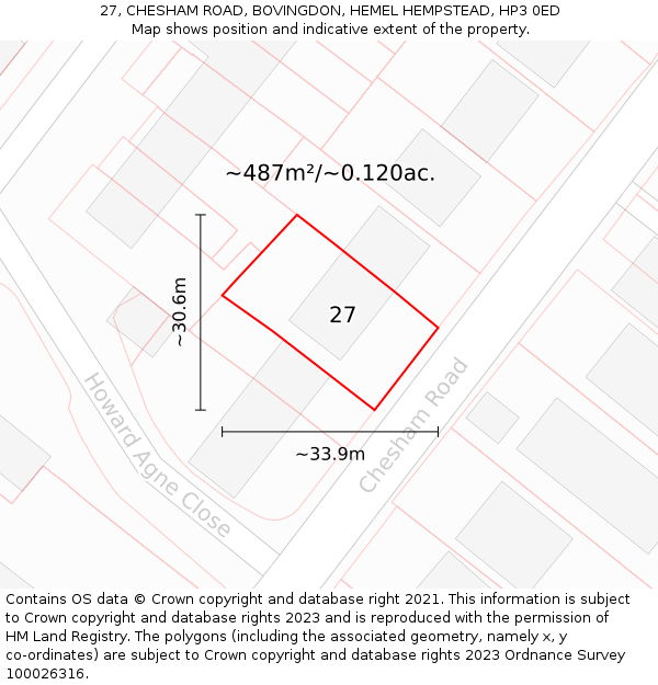 27, CHESHAM ROAD, BOVINGDON, HEMEL HEMPSTEAD, HP3 0ED: Plot and title map