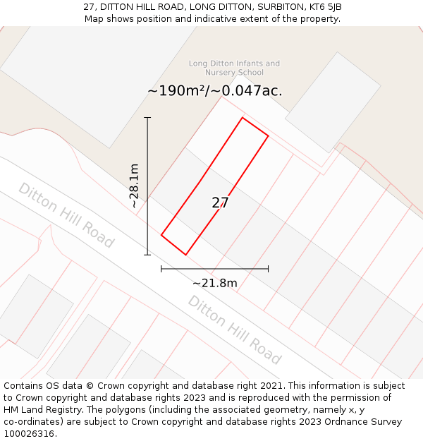 27, DITTON HILL ROAD, LONG DITTON, SURBITON, KT6 5JB: Plot and title map