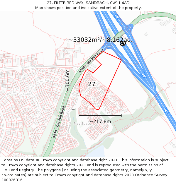 27, FILTER BED WAY, SANDBACH, CW11 4AD: Plot and title map