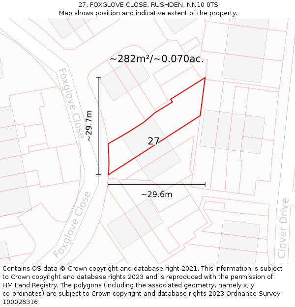27, FOXGLOVE CLOSE, RUSHDEN, NN10 0TS: Plot and title map