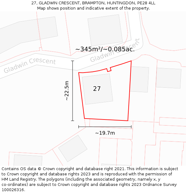 27, GLADWIN CRESCENT, BRAMPTON, HUNTINGDON, PE28 4LL: Plot and title map