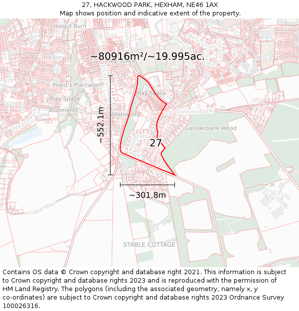 27, HACKWOOD PARK, HEXHAM, NE46 1AX: Plot and title map