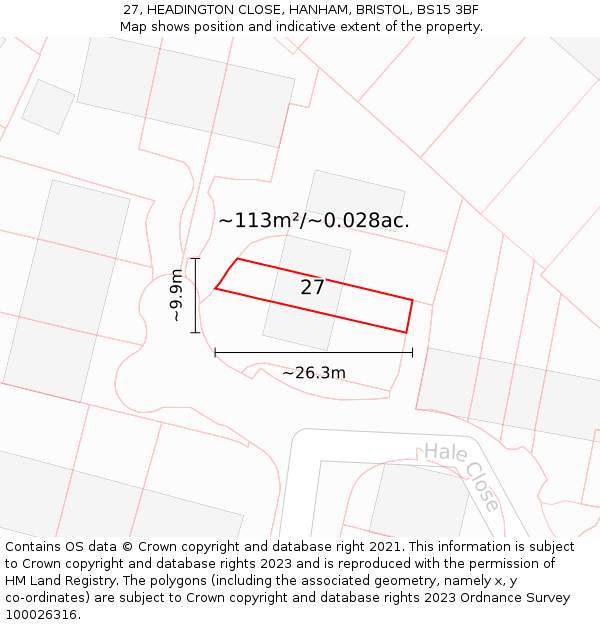 27, HEADINGTON CLOSE, HANHAM, BRISTOL, BS15 3BF: Plot and title map