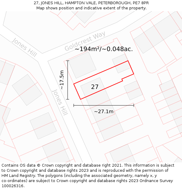 27, JONES HILL, HAMPTON VALE, PETERBOROUGH, PE7 8PR: Plot and title map