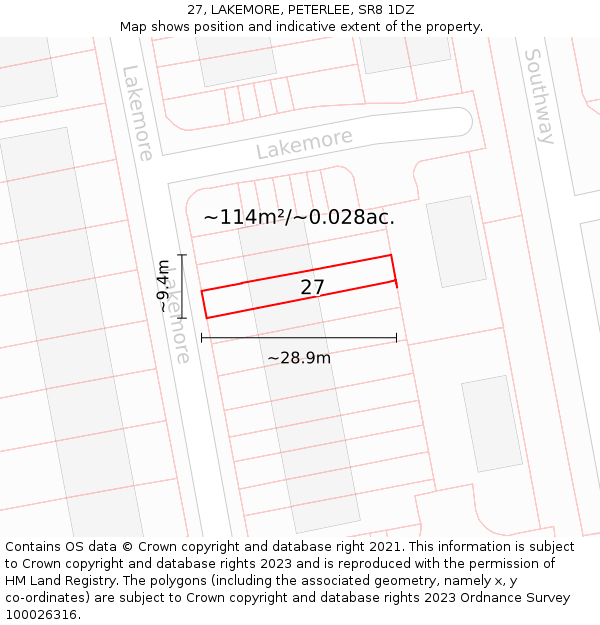 27, LAKEMORE, PETERLEE, SR8 1DZ: Plot and title map