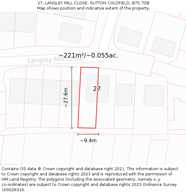 27, LANGLEY MILL CLOSE, SUTTON COLDFIELD, B75 7DB: Plot and title map