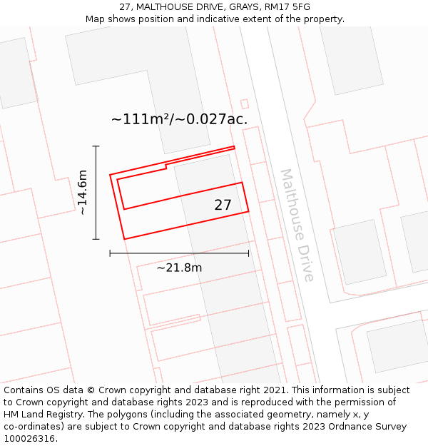 27, MALTHOUSE DRIVE, GRAYS, RM17 5FG: Plot and title map