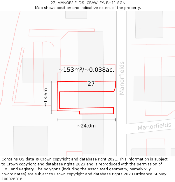 27, MANORFIELDS, CRAWLEY, RH11 8GN: Plot and title map