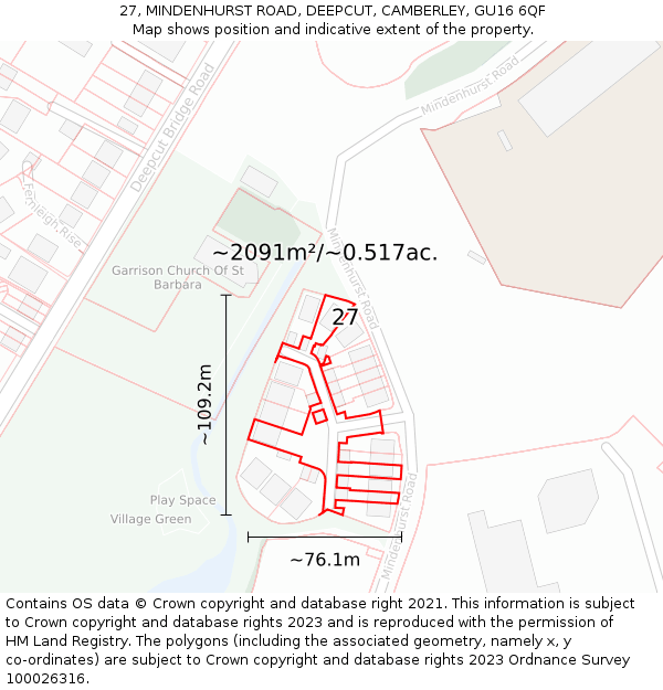 27, MINDENHURST ROAD, DEEPCUT, CAMBERLEY, GU16 6QF: Plot and title map