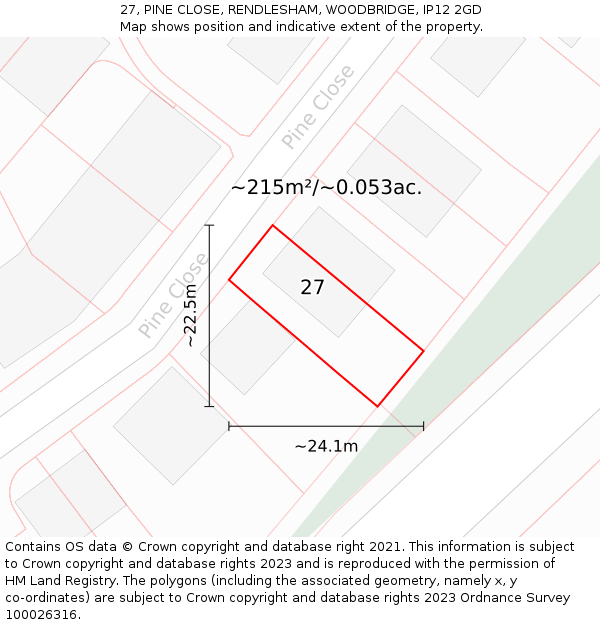 27, PINE CLOSE, RENDLESHAM, WOODBRIDGE, IP12 2GD: Plot and title map