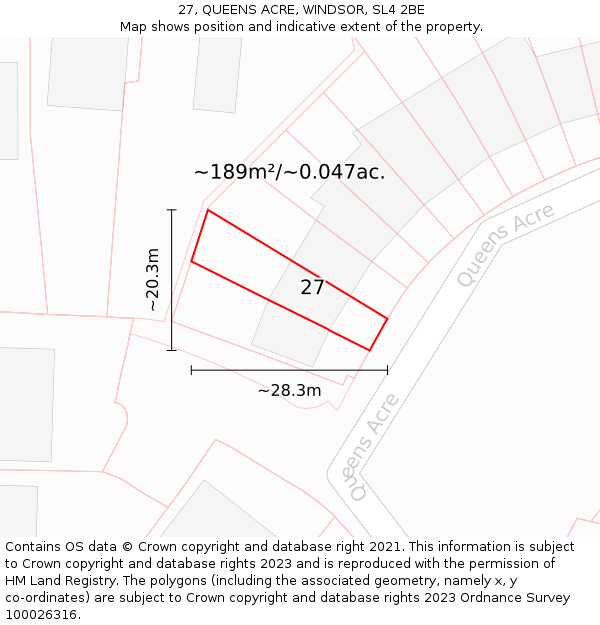 27, QUEENS ACRE, WINDSOR, SL4 2BE: Plot and title map