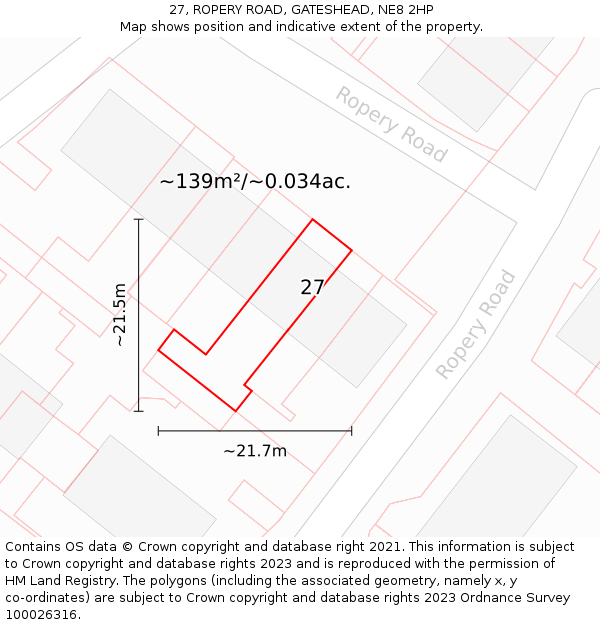 27, ROPERY ROAD, GATESHEAD, NE8 2HP: Plot and title map