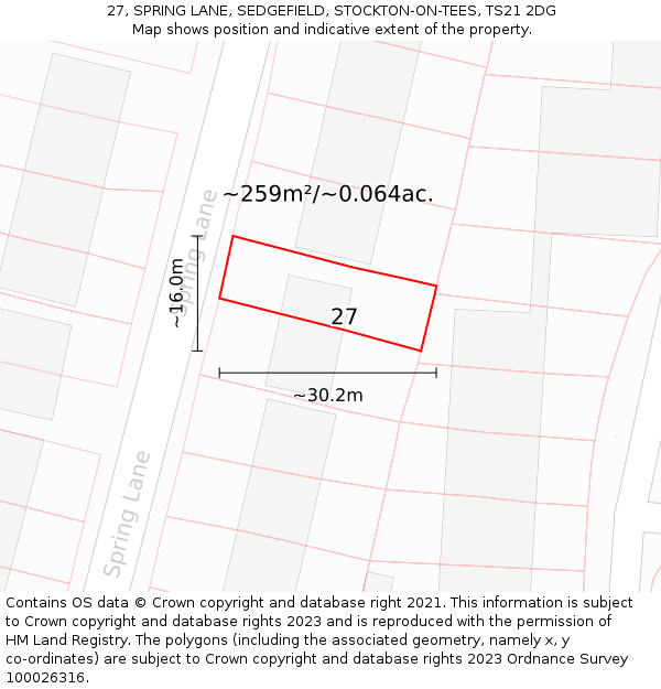 27, SPRING LANE, SEDGEFIELD, STOCKTON-ON-TEES, TS21 2DG: Plot and title map