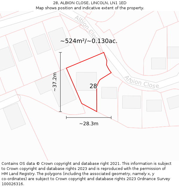 28, ALBION CLOSE, LINCOLN, LN1 1ED: Plot and title map