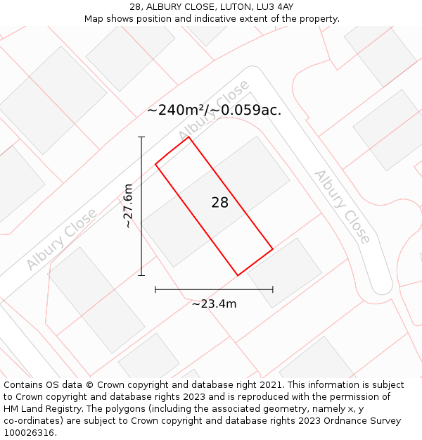 28, ALBURY CLOSE, LUTON, LU3 4AY: Plot and title map