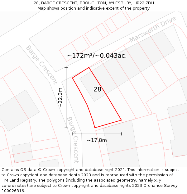 28, BARGE CRESCENT, BROUGHTON, AYLESBURY, HP22 7BH: Plot and title map