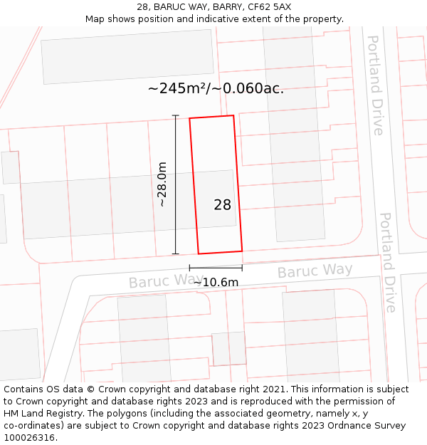 28, BARUC WAY, BARRY, CF62 5AX: Plot and title map