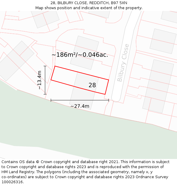 28, BILBURY CLOSE, REDDITCH, B97 5XN: Plot and title map
