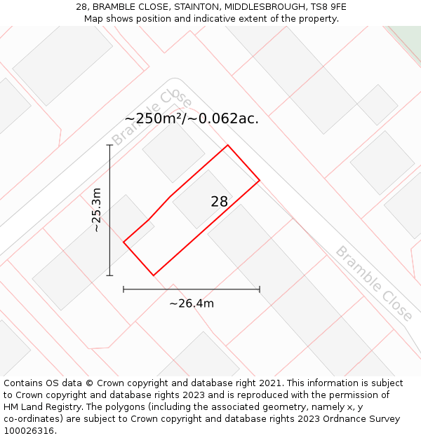 28, BRAMBLE CLOSE, STAINTON, MIDDLESBROUGH, TS8 9FE: Plot and title map