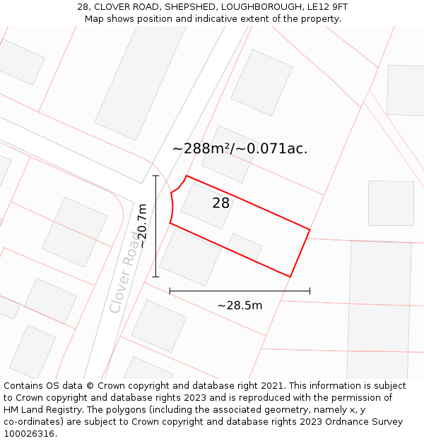 28, CLOVER ROAD, SHEPSHED, LOUGHBOROUGH, LE12 9FT: Plot and title map