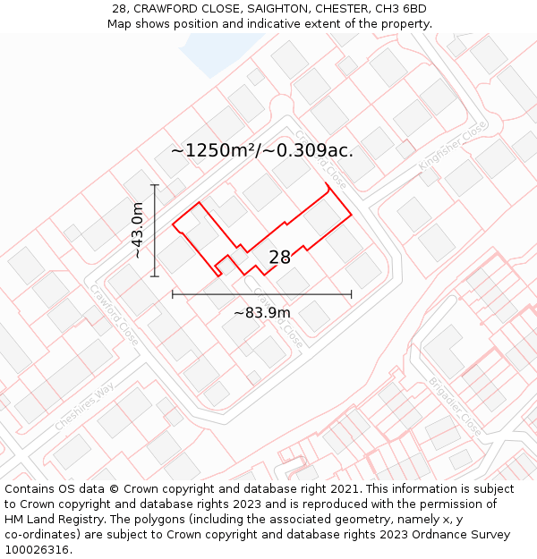 28, CRAWFORD CLOSE, SAIGHTON, CHESTER, CH3 6BD: Plot and title map