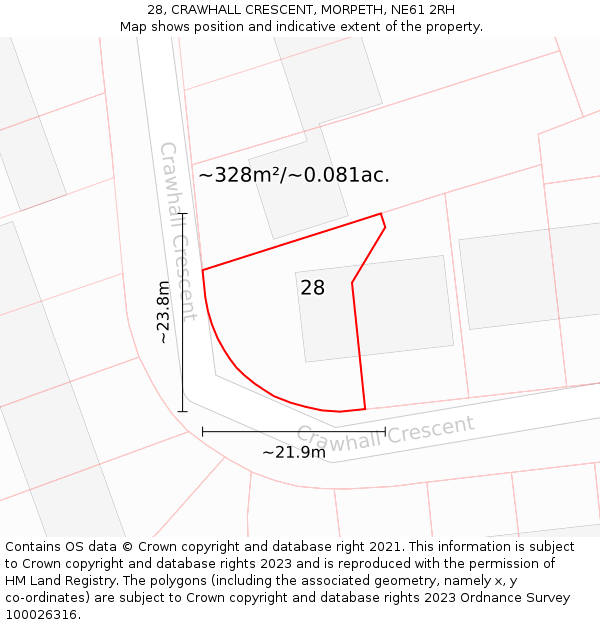 28, CRAWHALL CRESCENT, MORPETH, NE61 2RH: Plot and title map
