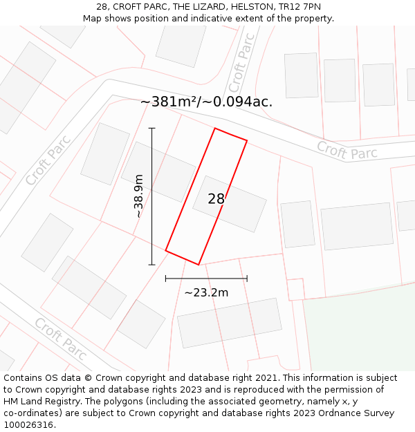 28, CROFT PARC, THE LIZARD, HELSTON, TR12 7PN: Plot and title map