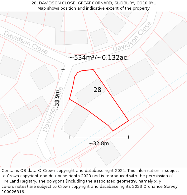 28, DAVIDSON CLOSE, GREAT CORNARD, SUDBURY, CO10 0YU: Plot and title map