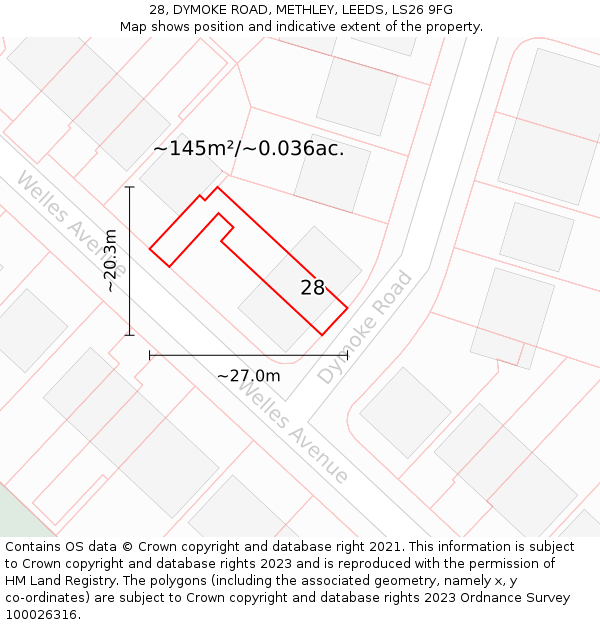 28, DYMOKE ROAD, METHLEY, LEEDS, LS26 9FG: Plot and title map