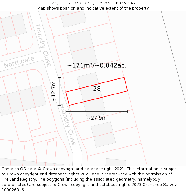 28, FOUNDRY CLOSE, LEYLAND, PR25 3RA: Plot and title map