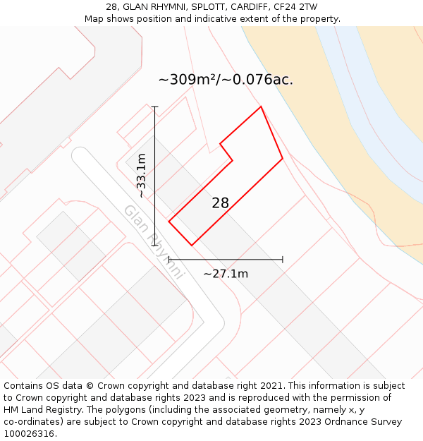 28, GLAN RHYMNI, SPLOTT, CARDIFF, CF24 2TW: Plot and title map