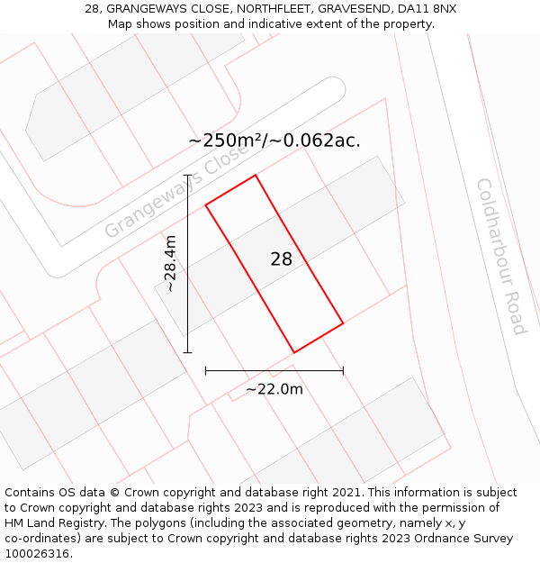 28, GRANGEWAYS CLOSE, NORTHFLEET, GRAVESEND, DA11 8NX: Plot and title map