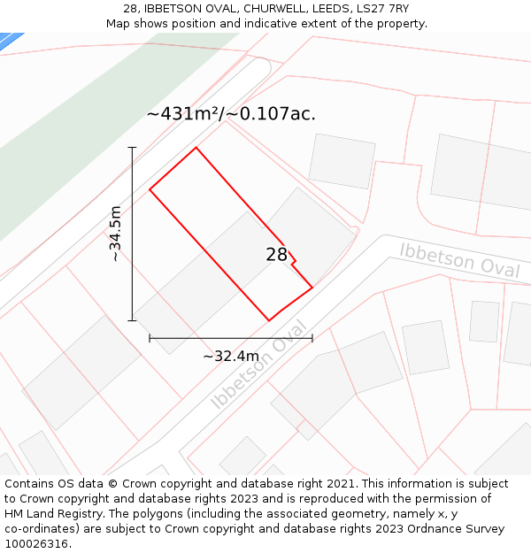 28, IBBETSON OVAL, CHURWELL, LEEDS, LS27 7RY: Plot and title map